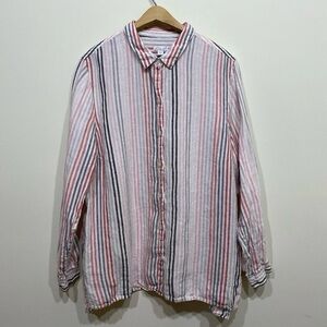 J Jill Womens Love Linen Button Up Striped Top Size XL Coastal Beachy Resort